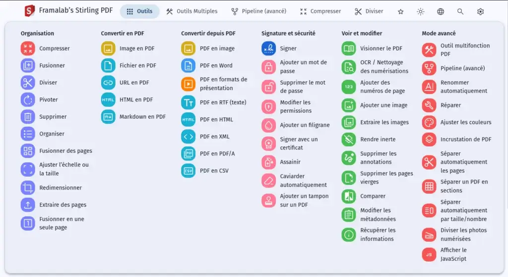 Interface des menus des actions disponibles pour travailler avec des PDF