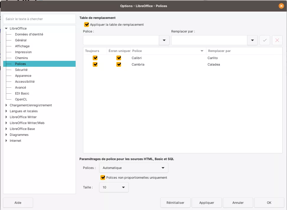 Options de LibreOffice